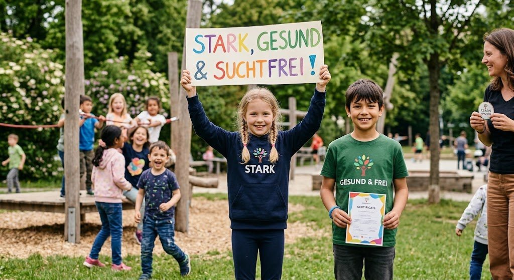 Kinder auf einem Spielplatz halten ein Schild mit der Aufschrift „Stark, gesund & suchtfrei!“